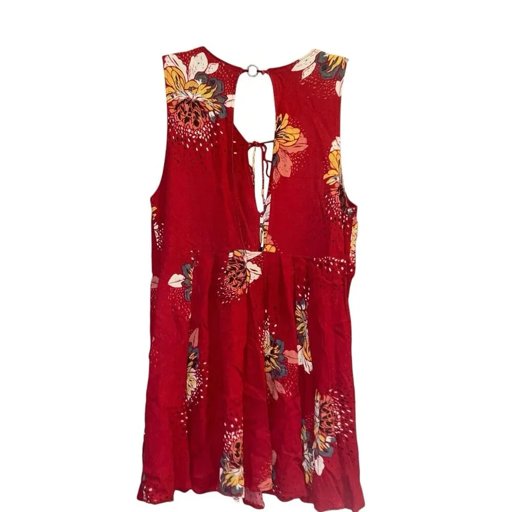 Free People S Lovely Day Red Floral Tunic Dress Cut Out Back Tie Front - Picture 3 of 5